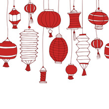 Seamles Vector Pattern With Hand Drawn Chinese Paper Street Lanterns. Chinese New Year Decorative Cartoon Elements. Traditional Festival Decorations. Vector Illustration. Sketch Doodle Red Lanterns.