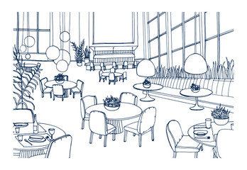 Modern restaurant or cafe interior furnished with elegant tables, chairs, pendant lights hand drawn in monochrome colors. Freehand sketch of bistro full of stylish furniture. Vector illustration.