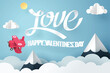 Paper art of Love and  happy Valentine's day with red plane flying in the sky