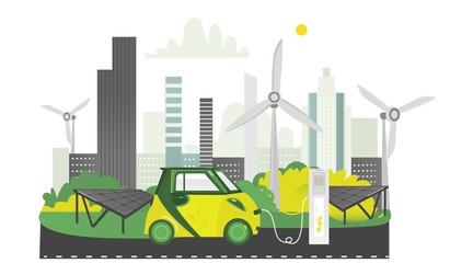 Alternative energy electric vehicle charging station, solar panels and windmills, flat cartoon vector illustration on white background. Electric car, solar panels and windmills - eco-friendly city