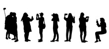 Set Of People Silhouette Making Photos During Vacation Or Traveling.