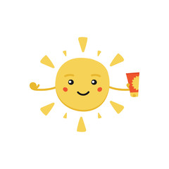 Wall Mural - Cute cartoon sun character with bottle of sunscreen in hand. Vector doodle illustration.