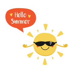 Wall Mural - Cute cartoon sun character in sunglasses with speech bubble Hello summer. Vector hand drawn illustration.
