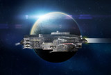 Fototapeta  - Original 3D illustration. Space fantasy scene with a large spaceship. Alien planet, stars and nebula.