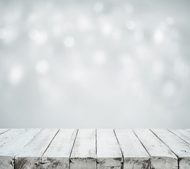 Wall Mural - White wood table top on blurred white bokeh background