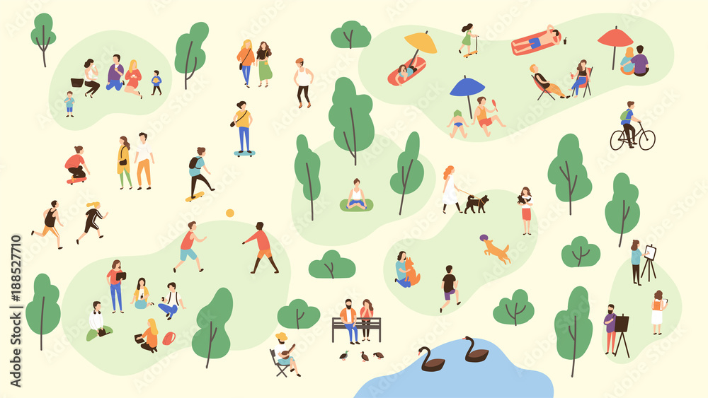 Various people at park performing leisure outdoor activities - playing with ball, walking dog, doing yoga and sports exercise, painting, eating lunch, sunbathing. Cartoon colorful vector illustration. - obrazy, fototapety, plakaty 