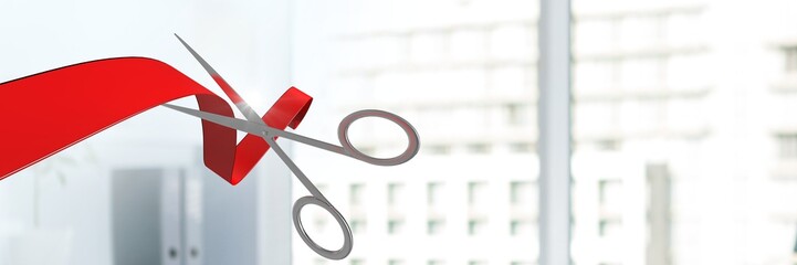 Poster - Scissors cutting ribbon with office windows of buildings