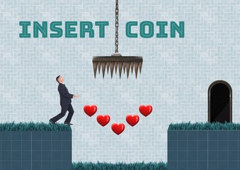 Poster - Insert coin text and Businessman in Computer Game Level with