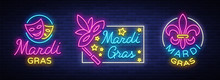 Mardi Gras Vector, Set Of Symbols,with Holiday Greetings, Festive Card. Fat Tuesday, Festive Illustration In Neon Style, Luminous Banner, Neon Sign, Bright Billboard. Design A Template For A Carnival