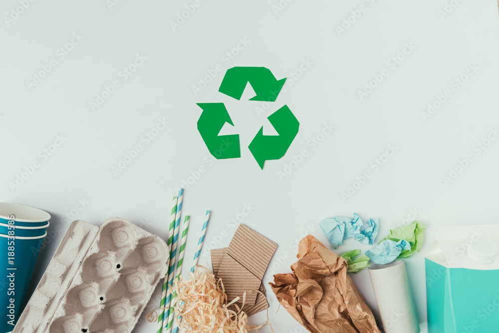 flat lay with various types of garbage and recycle sign isolated on grey - obrazy, fototapety, plakaty 