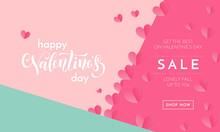 Valentines Day Sale Poster Or Banner Of Valentine Red Heart On Trendy Background. Vector Valentines Day Holiday Shop Discount Promo Design Template Of Lovely Paper Hearts