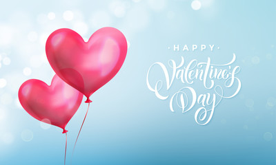Valentines day lettering text on valentine red heart on blue light pattern background. Vector Happy Valentines day greeting card design template of glossy crystal heart