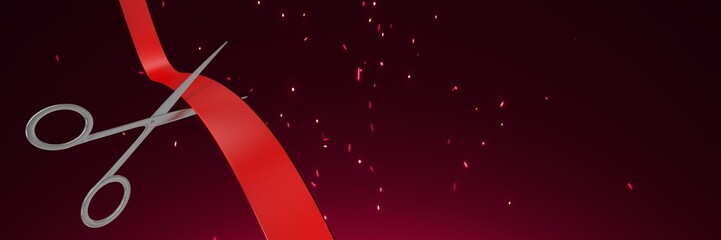 Poster - Scissors cutting ribbon with crimson background