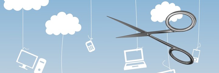 Poster - Scissors with hanging computer devices on strings