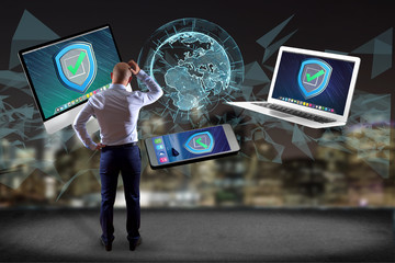 Poster - businessman in front of a wall with security shield symbol over a network connection of different de