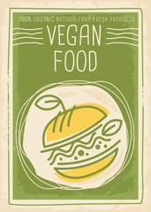 Wall Mural - Vegan food promotional banner design with vegan burger with green leaves and sprouts. Healthy eating poster template for vegetarian restaurant. 