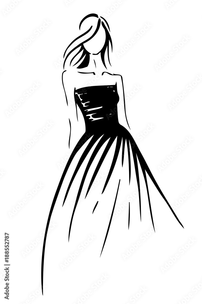 Fashion sketch, woman in evening dress. Vector illustration. Black lines  isolated on white background. Stock Vector