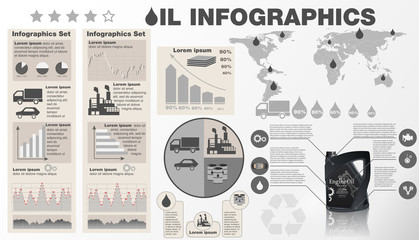 Poster - oil industry infographic vector illustration. template with map,and bottle engine oil icons, charts 