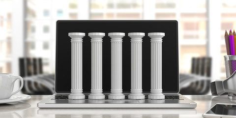 Poster - Five classical pillars on a computer, office background. 3d illustration