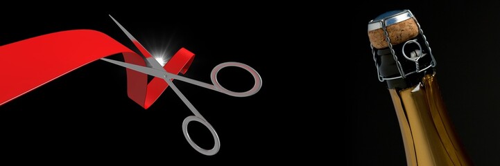 Poster - Scissors cutting ribbon with  champagne