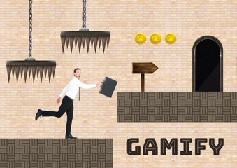 Poster - Gamify text and man in Computer Game Level with coins and traps