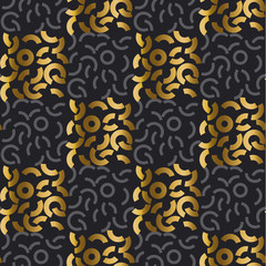 Abstract modern geometry repitable motif for surface design. Cool gold and black seamless pattern with geometric decorative shapes. 