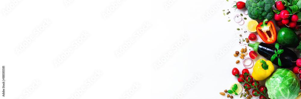 Set of fresh vegetables on a white background. Aromatic herbs, onion, avocado, broccoli, pepper bell, eggplant, cabbage, radish, cucumber, almonds, rucola, baby corn. Banner - obrazy, fototapety, plakaty 