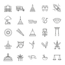 Thailand Line Icons Set Isolated On White Background. Vector Illustration With Thailand Architecture, Food And Culture Elements Web Icons In Line Style.