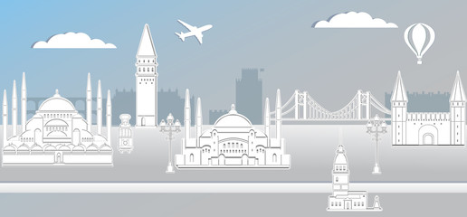 Wall Mural - Panorama of Istanbul paper art style vector illustration. Istanbul architecture. Cartoon Turkey symbols and objects. Historical sights. Paper city.