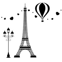 Card Design With Symbols Of Paris: Eiffel Tower, Balloon, Lamp,  Hearts Monochrome Flat Style Vector Illustration.
