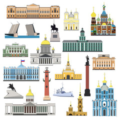 Wall Mural - Cartoon symbols and objects set of St. Petersburg. Popular tourist architectural objects: Winter Palace, Palace bridge, Admiralty, Isaac cthedral, Kazan cathedral and another sights.
