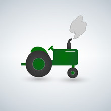Green Tractor Flat Vector Illustration. Heavy Farm Machinery For Field Work. Green Tractor With Smoke Side View Isolated On White Background