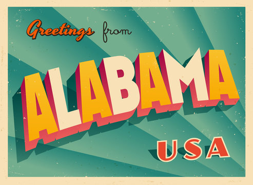 vintage touristic greetings from alabama, usa postcard - vector eps10. grunge effects can be easily 