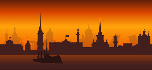 Wall Mural - Panorama of Saint Petersburg flat style vector illustration. Petersburg architecture. Cartoon Russia symbols and objects. Night St. Petersburg
