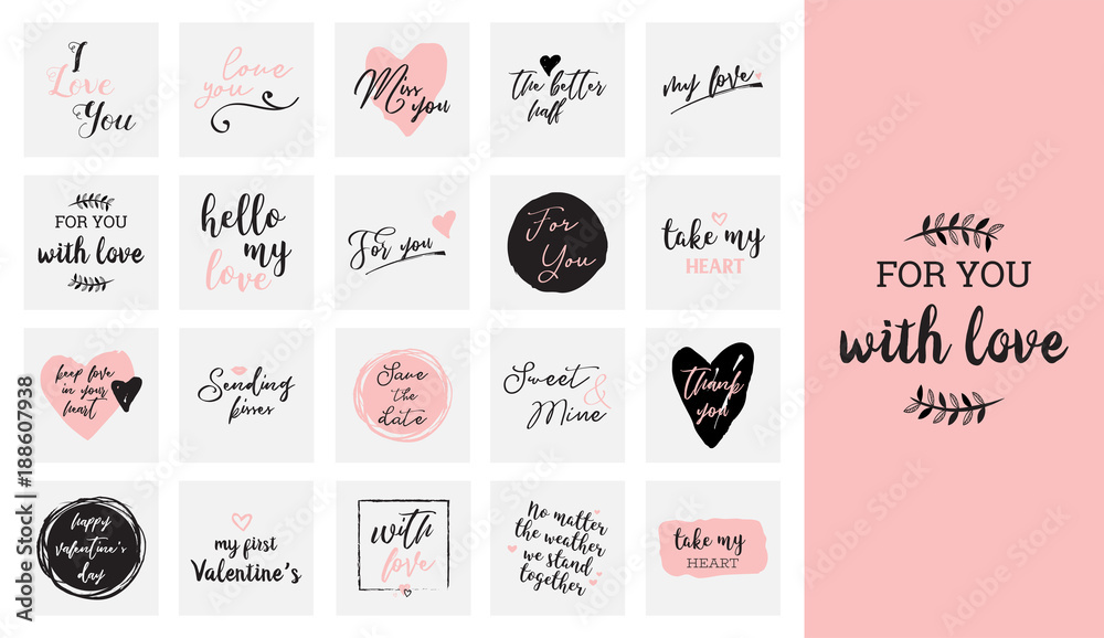 set of black, white and pink love lettering, for valentines day design poster, greeting card, photo album, banner, calligraphy vector illustration collection - obrazy, fototapety, plakaty 