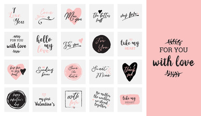 set of black, white and pink love lettering, for valentines day design poster, greeting card, photo 