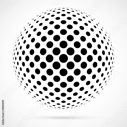 White 3D vector halftone sphere.Dotted spherical background.Logo template wit...
