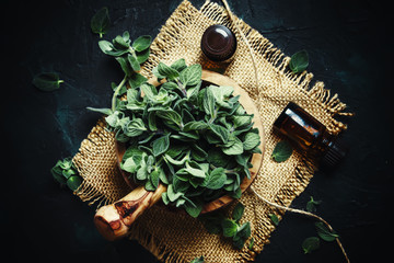 Wall Mural - Essential oregano oil in a glass bottles and a bunch of fresh herbs, black background, top view