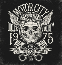 Illustrated Motorcycle Skull With Helmet And Goggles. Vintage Typography Layout.