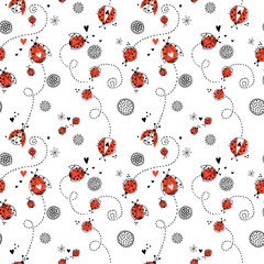 Poster - Seamless floral pattern with flying ladybirds