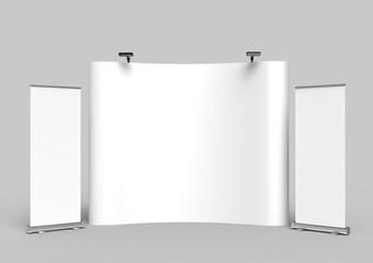 Wall Mural - Exhibition Tension Fabric Display Banner Stand Backdrop for trade show advertising stand with LED OR Halogen Light with standees and counter. 3d render illustration.