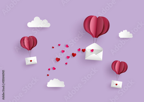 Fotomural Paper hot air balloon heart shape hang envelope floating on the sky