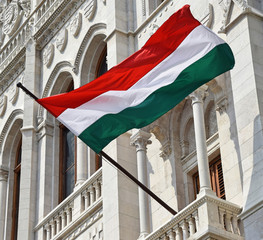 Hungarian flag in the window of the parliament building, Budapest, Hungary
