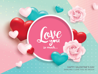 Poster - Happy Valentines Day romance greeting card with 3D hearts