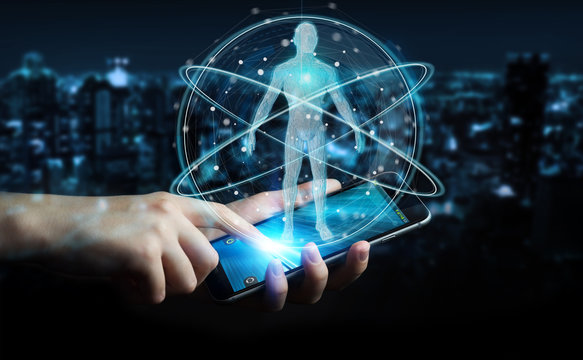 Businessman using digital x-ray human body scan interface 3D rendering