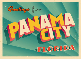 Vintage Touristic Greeting Card From Panama City, Florida - Vector EPS10. Grunge effects can be easily removed for a brand new, clean sign.