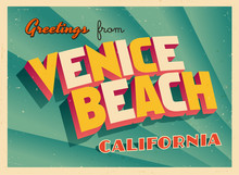 Vintage Touristic Greeting Card From Venice Beach, California - Vector EPS10. Grunge Effects Can Be Easily Removed For A Brand New, Clean Sign.