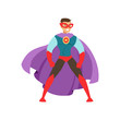 © topvectors - Smiling man character dressed as a super hero standing in the traditional heroic pose cartoon vector Illustration