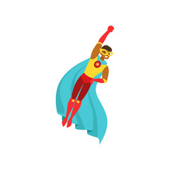 Poster - Afro american man character dressed as a super hero flying in the traditional heroic pose cartoon vector Illustration