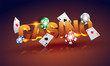 3D golden text Casino with cards, chips on shiny background.